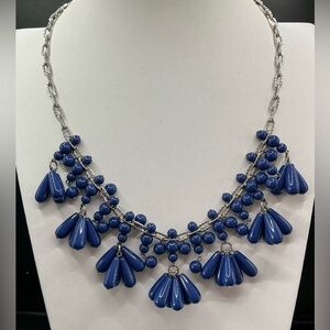 TALBOTS DARK NAVY BLUE DANGLING TEARDROP BEAD CLUSTERS STATEMENT NECKLACE
